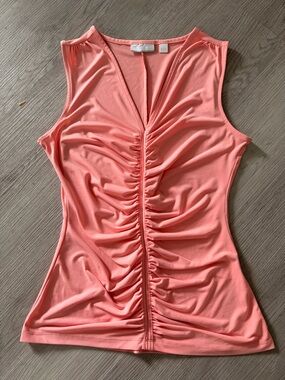 New York & Company Coral Pink Ruched V-Neck Tank Top